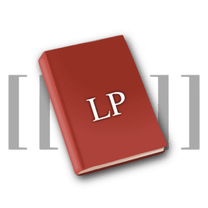 Graphic image of hardcover book in maroon with the text "LP" on its cover; two sets of grey square brackets in the background (graphic image)