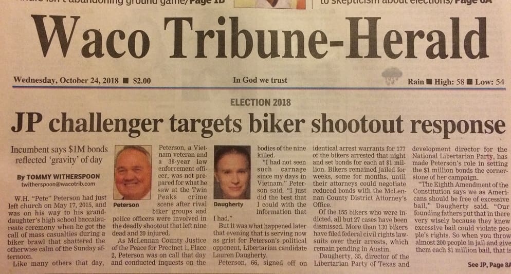 Front page, above the fold: Texas Libertarian candidate featured in Waco Tribune-Herald