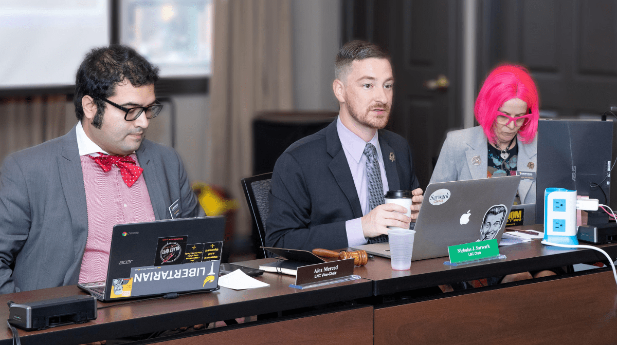 LNC Vice Chair Alex Merced, Chair Nicholas Sarwark, and Secretary Caryn Ann Harlos