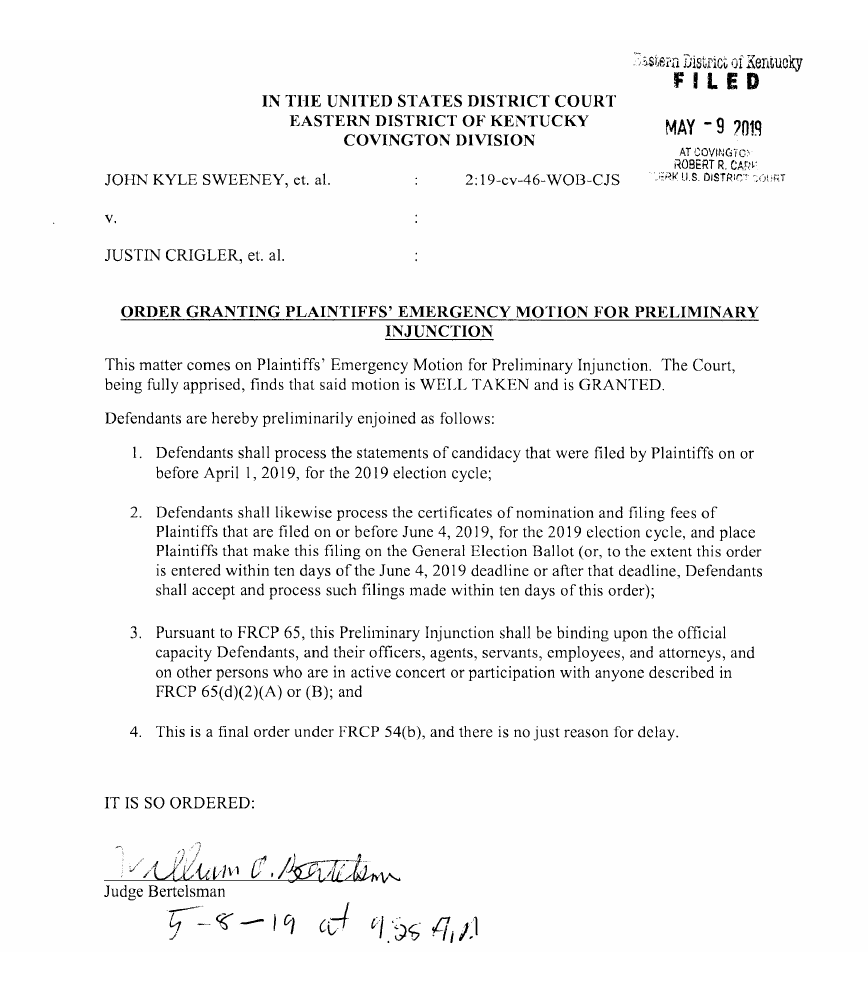May 2019 LP Kentucky ballot access ruling May 2019 LP Kentucky ballot access ruling